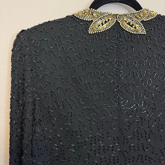 Vintage 80s Bernadette Designs Inc Blazer L Black Silk Beaded Sequin Evening - Picture 3 of 7